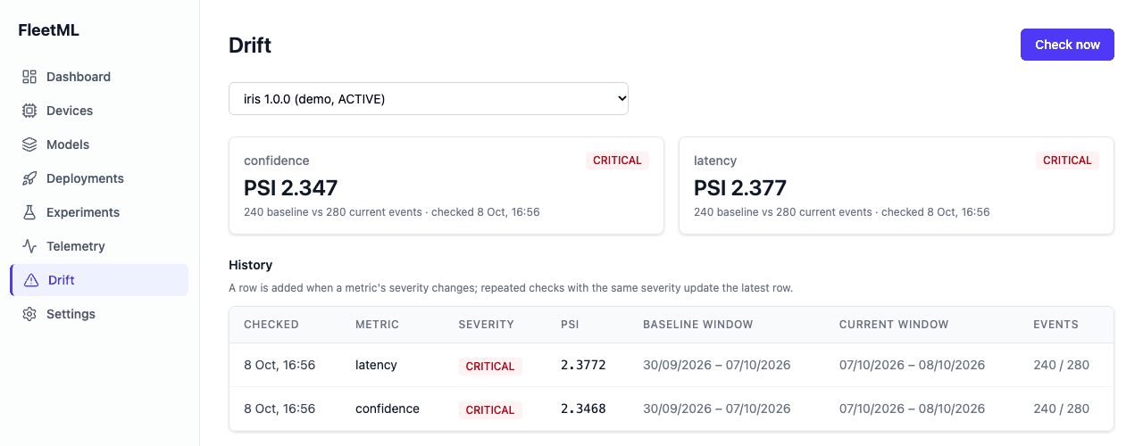 The Drift page for iris 1.0.0: confidence PSI 2.347 and latency PSI 2.377, both CRITICAL, from 240 baseline against 280 current events, with a history table of the two checks and their baseline and current windows.